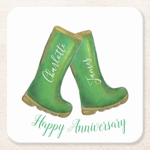 55th emerald wedding anniversary green welly boot square paper coaster