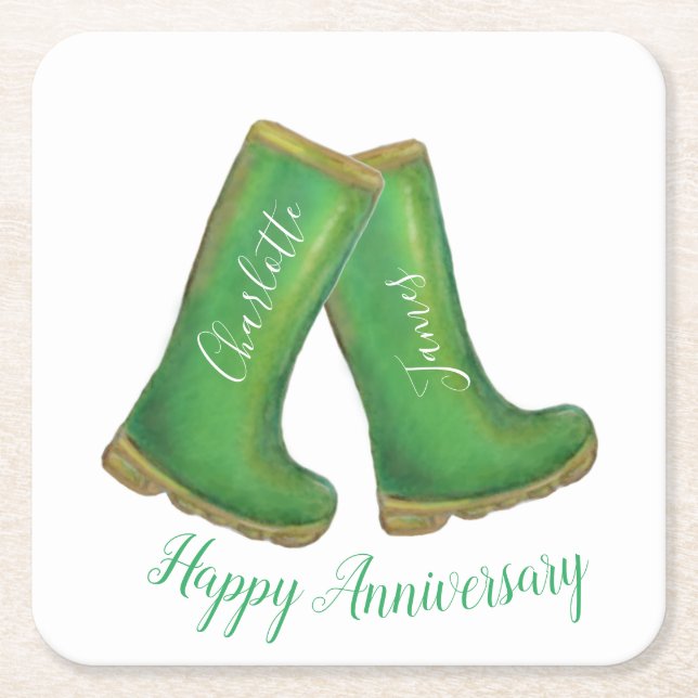 55th emerald wedding anniversary green welly boot square paper coaster (Front)