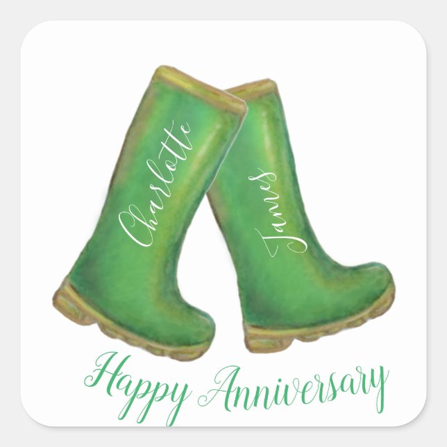 55th emerald wedding anniversary green welly boot square sticker (Front)