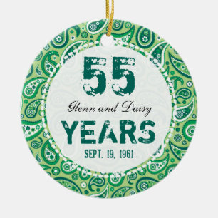 55th Emerald Wedding Anniversary Paisley Monogram Ceramic Ornament