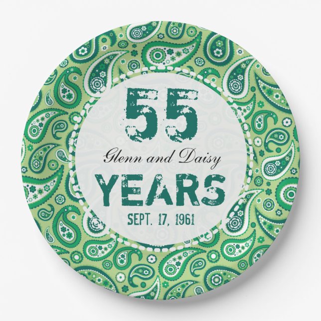 55th Emerald Wedding Anniversary Paisley Pattern Paper Plates (Front)