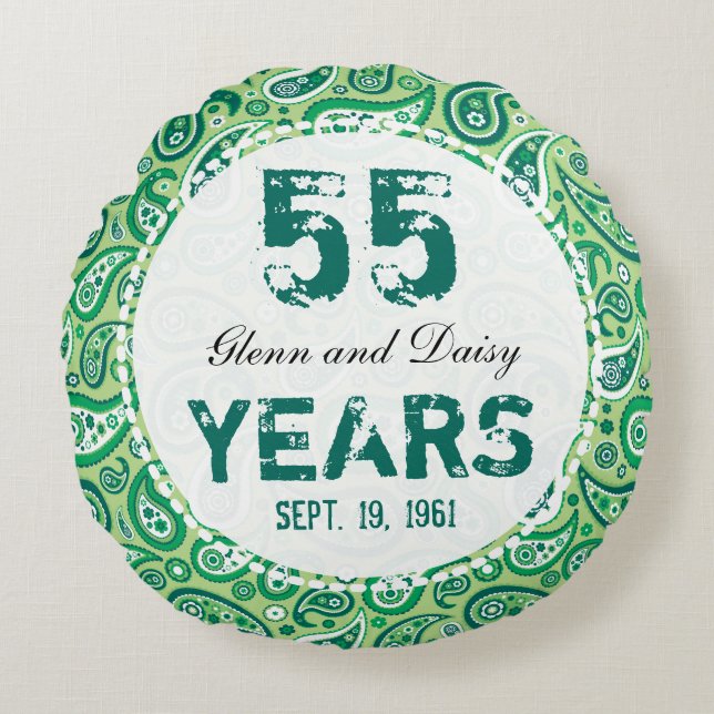 55th Emerald Wedding Anniversary Paisley Pattern Round Pillow (Front)