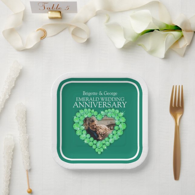 55th Emerald Wedding Anniversary photo heart  Paper Plates (Wedding)