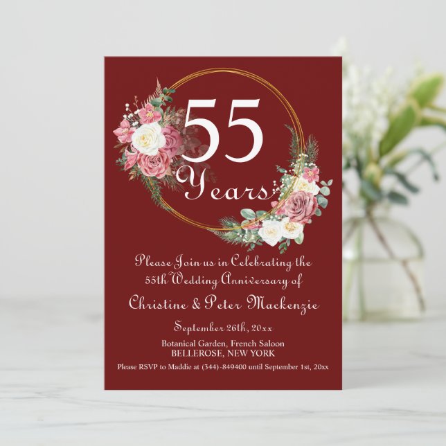 55th Emerald Wedding Anniversary Roses Gold Frame Invitation (Standing Front)
