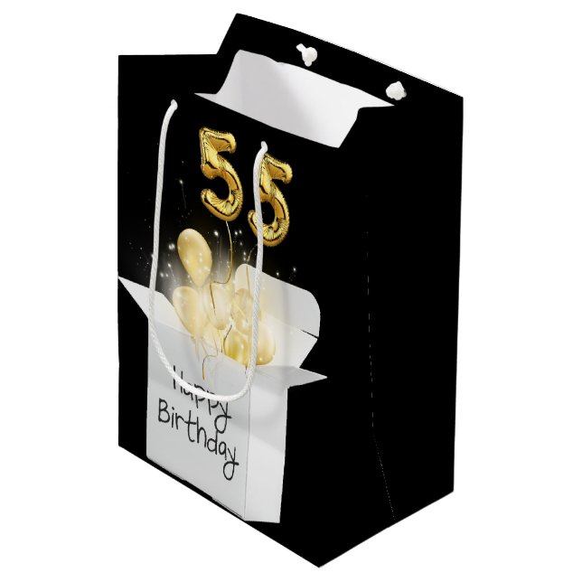 55th Gold Birthday Balloons in White Box Medium Gift Bag (Front Angled)