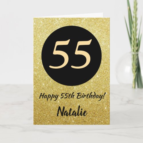 55th Happy Birthday Black and Gold Glitter Card