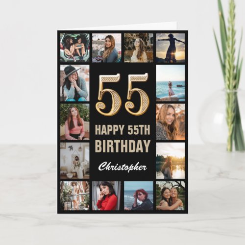 55th Happy Birthday Black and Gold Photo Collage Card