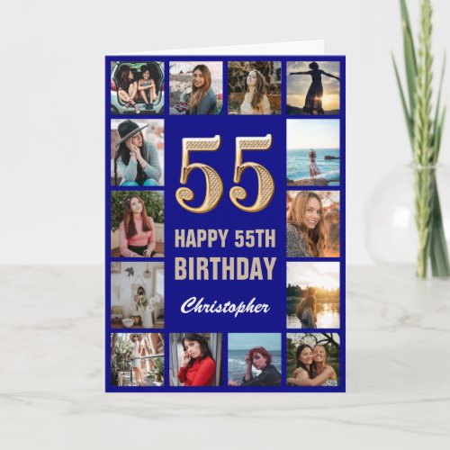 55th Happy Birthday Navy Blue & Gold Photo Collage