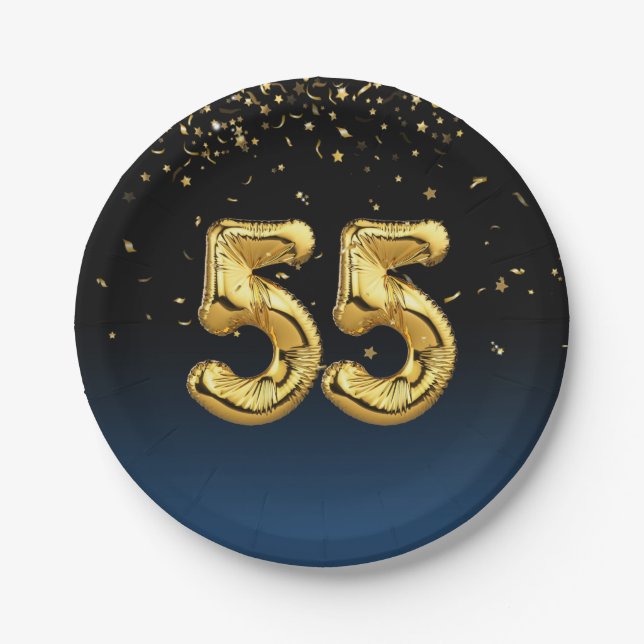 55th Party Balloons And Gold Confetti  Paper Plates (Front)