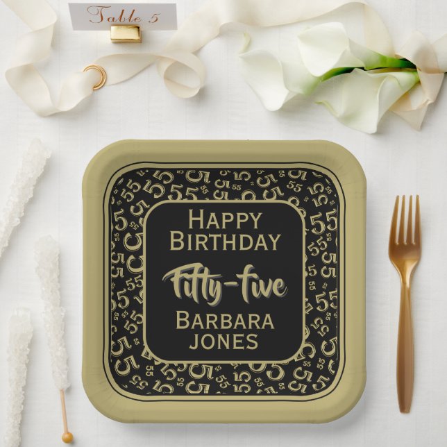 55th Party Random Number Pattern Black/Gold Paper Plates (Wedding)
