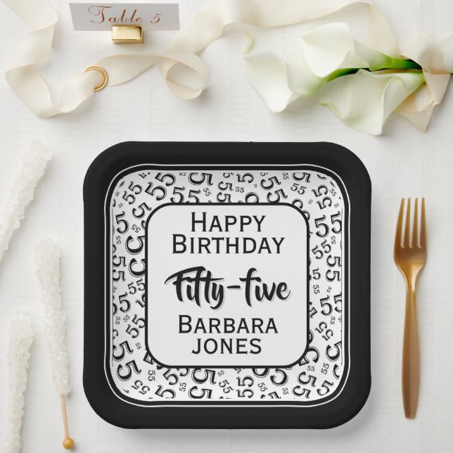 55th Party Random Number Pattern Black/White Paper Plates (Wedding)