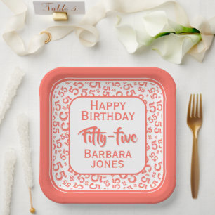 55th Party Random Number Pattern Coral/White Paper Plates