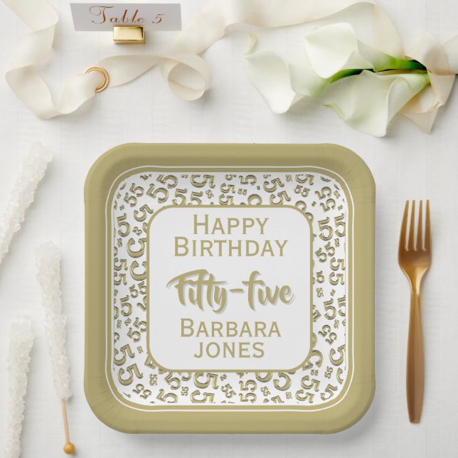 55th Party Random Number Pattern Gold/White Paper Plates (Wedding)