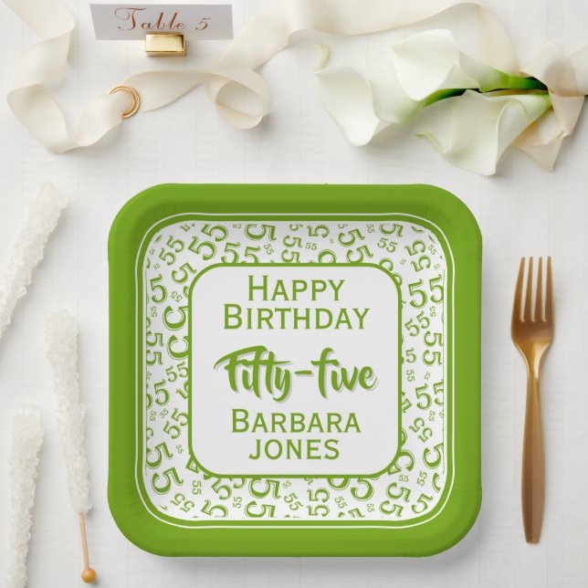 55th Party Random Number Pattern Green/White Paper Plates (Wedding)