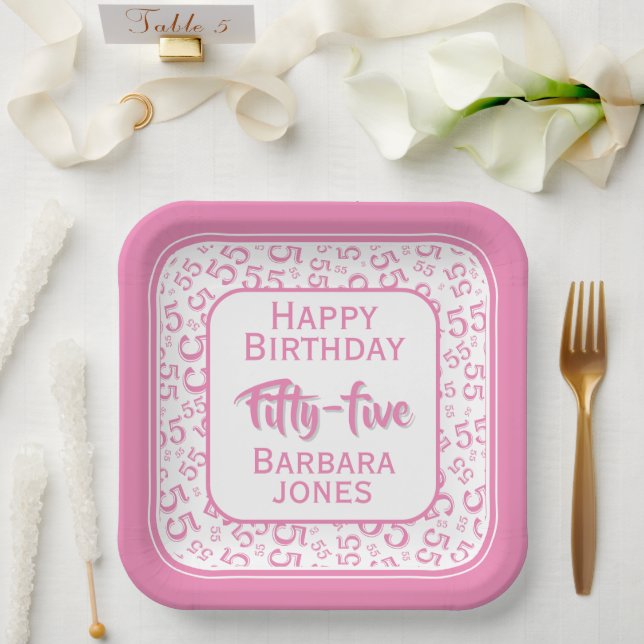55th Party Random Number Pattern Pink/White Paper Plates (Wedding)