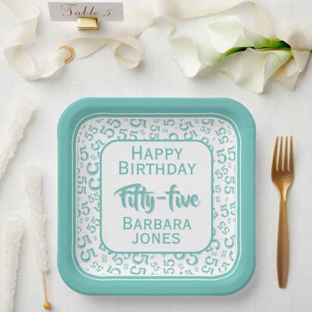 55th Party Random Number Pattern Teal/White Paper Plates (Wedding)