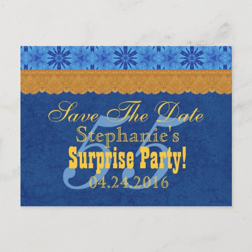 55th SURPRISE Birthday Save the Date Blue Gold V02 Announcement Postcard