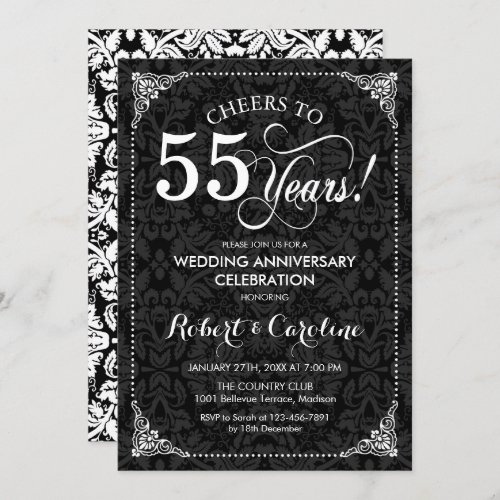 55th Wedding Anniversary _ Black White Damask Invitation