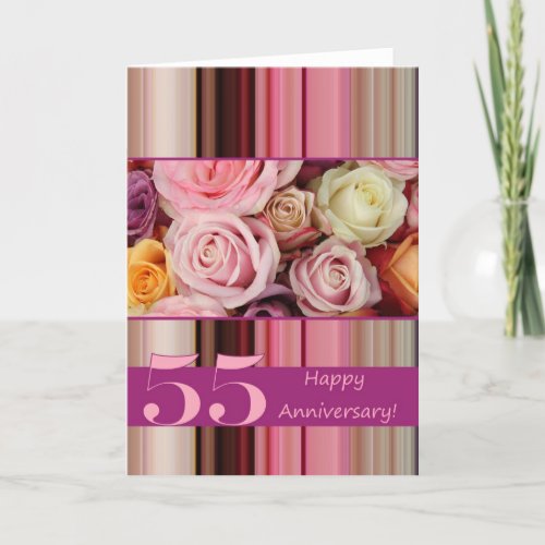 55th Wedding Anniversary Card _Pastel roses stripe