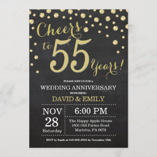 55th Wedding Anniversary Chalkboard Black and Gold Invitation