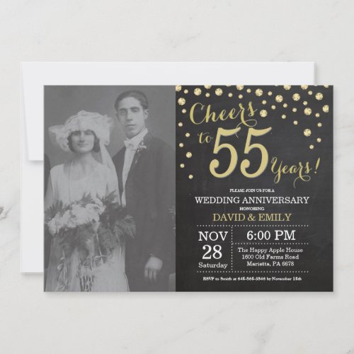 55th Wedding Anniversary Chalkboard Black and Gold Invitation