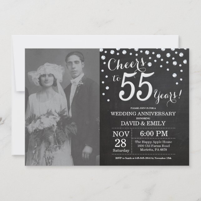 55th Wedding Anniversary Chalkboard Black Silver Invitation (Front)