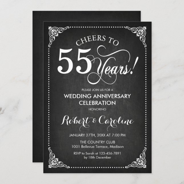 55th Wedding Anniversary - Chalkboard White Invitation (Front/Back)