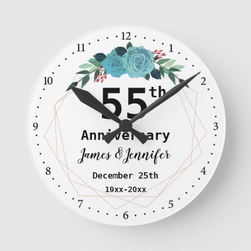 55th Wedding Anniversary Custom Names and Year Round Clock