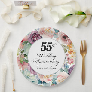 55th Wedding Anniversary Elegant Script Floral Paper Plates