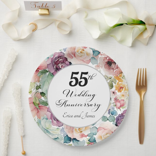 55th Wedding Anniversary Elegant Script Floral Paper Plates (Wedding)