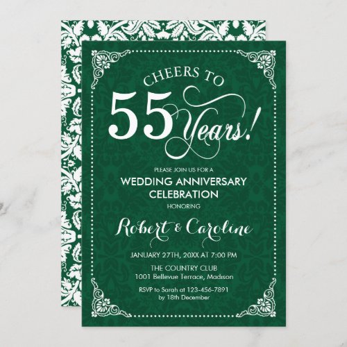 55th Wedding Anniversary Emerald Green Damask Invitation