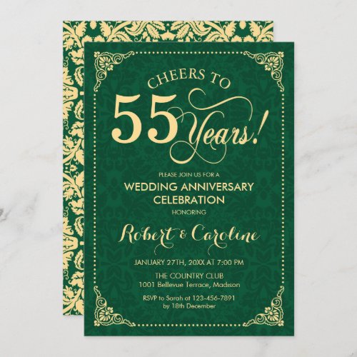 55th Wedding Anniversary Emerald Green Gold Damask Invitation