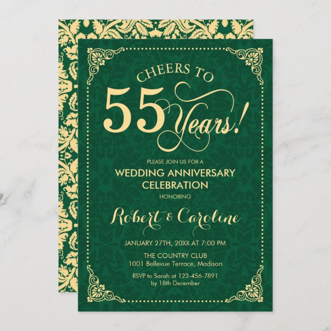 55th Wedding Anniversary Emerald Green Gold Damask Invitation (Front/Back)