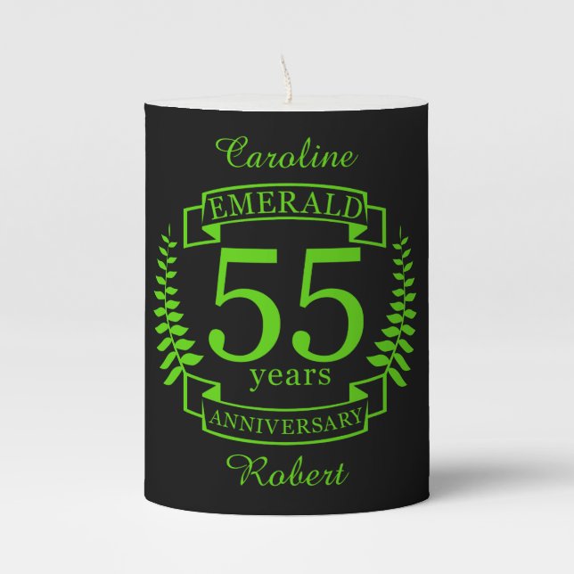 55th Wedding ANNIVERSARY EMERALD Pillar Candle (Front)