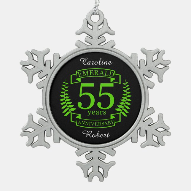 55th Wedding ANNIVERSARY EMERALD Snowflake Pewter Christmas Ornament (Front)