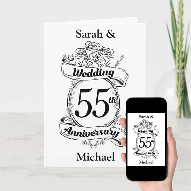 55th Wedding Anniversary Flowers Black and white Card Zazzle