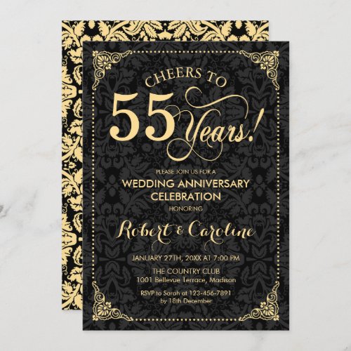 55th Wedding Anniversary _ Gold Black Damask Invitation