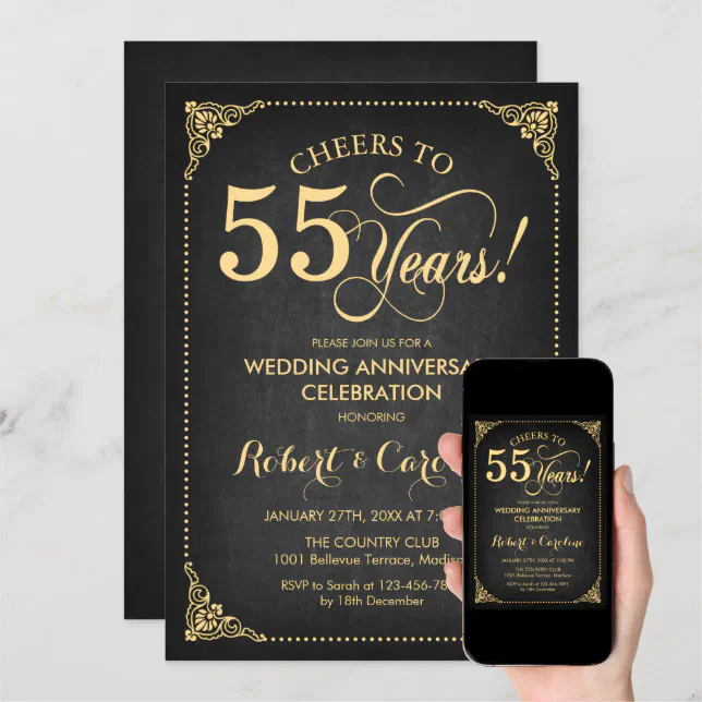 55th Wedding Anniversary - Gold Chalkboard Invitation | Zazzle