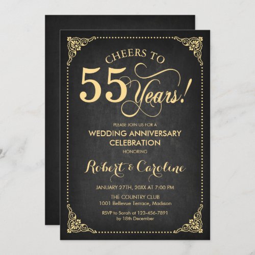 55th Wedding Anniversary _ Gold Chalkboard Invitation