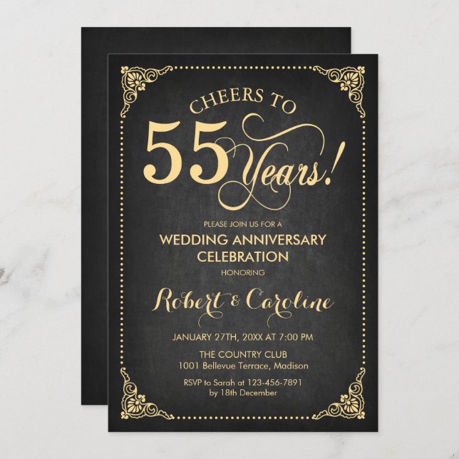 55th Wedding Anniversary - Gold Chalkboard Invitation (Front/Back)