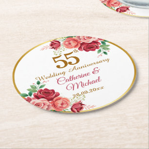 55th Wedding Anniversary Gold Frame Floral Round Paper Coaster