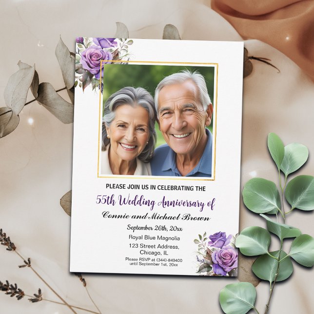 55th Wedding Anniversary Gold Frame Purple Roses Invitation (Creator Uploaded)