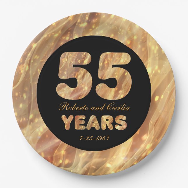 55th Wedding Anniversary Gold Party Lights Paper Plates (Front)
