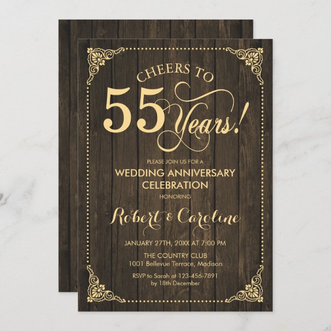 55th Wedding Anniversary - Gold Wood Invitation (Front/Back)