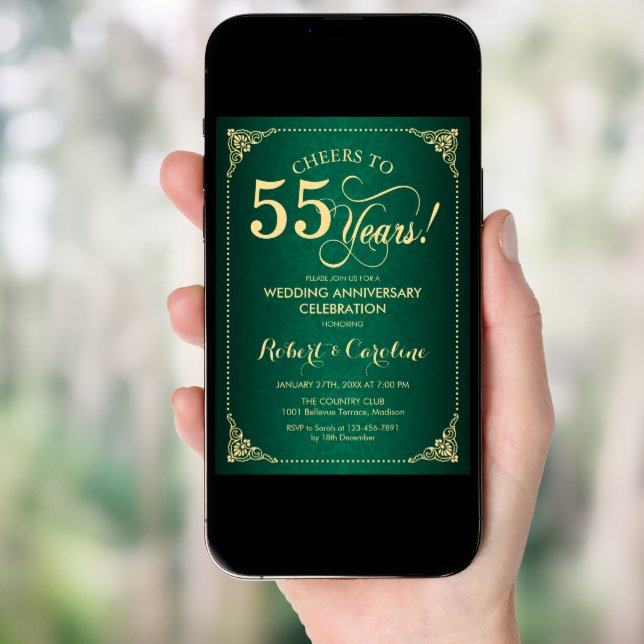 55th Wedding Anniversary - Green Gold Damask Invitation (Front Digital)