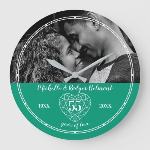 55th Wedding Anniversary heart emerald green Large Clock