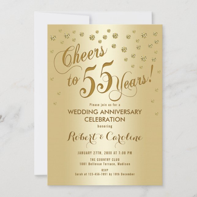 55th Wedding Anniversary Invitation in Gold (Front)