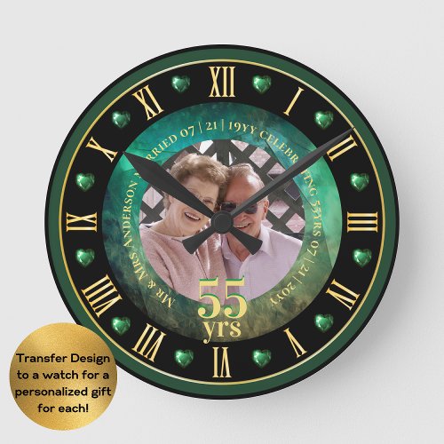 55th Wedding Anniversary PHOTO Gift Emerald Green Round Clock