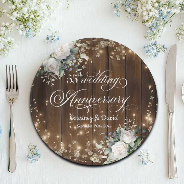 55th Wedding Anniversary Rustic String Lights  Paper Plates (Creator Uploaded)