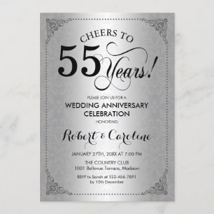 55th Wedding Anniversary - Silver Black Damask Invitation